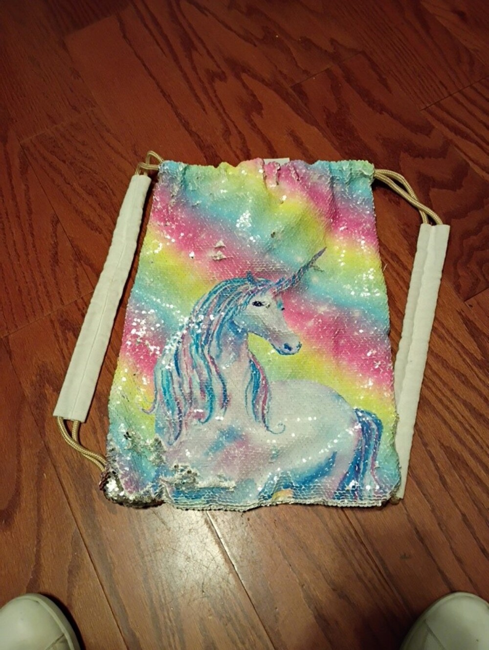 Unicorn Flip Sequin Drawstring Backpack Rainbow Print 17"